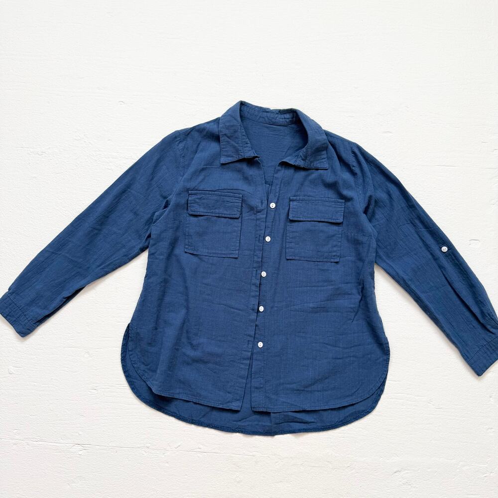 Blue Button Up Long Sleeve Oversized Shirt, Size Small